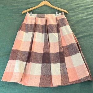 Plaid (pink, white, and purple) mid-length, a-line skirt